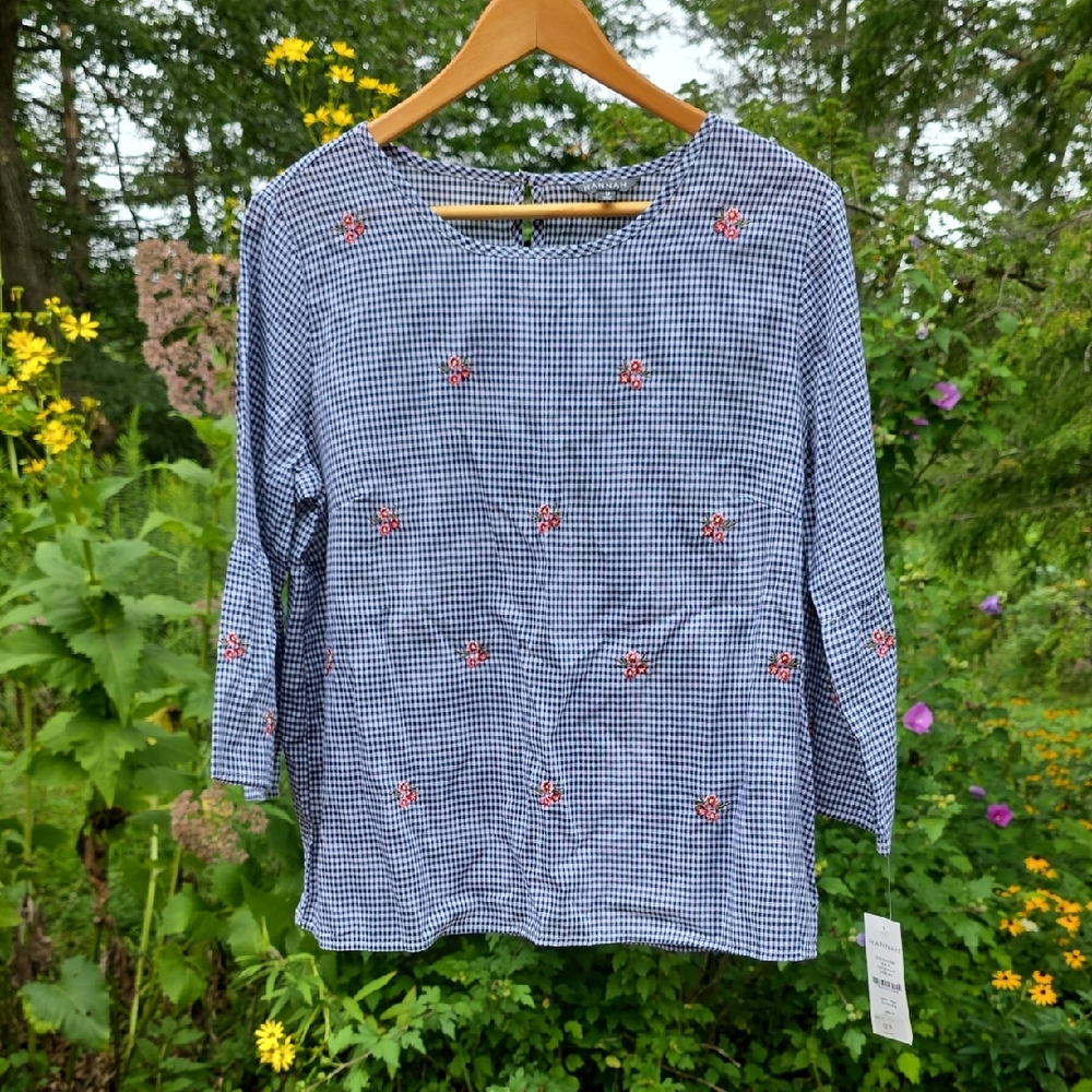 Hannah Blue Checkered Blouse with Red Floral Accents